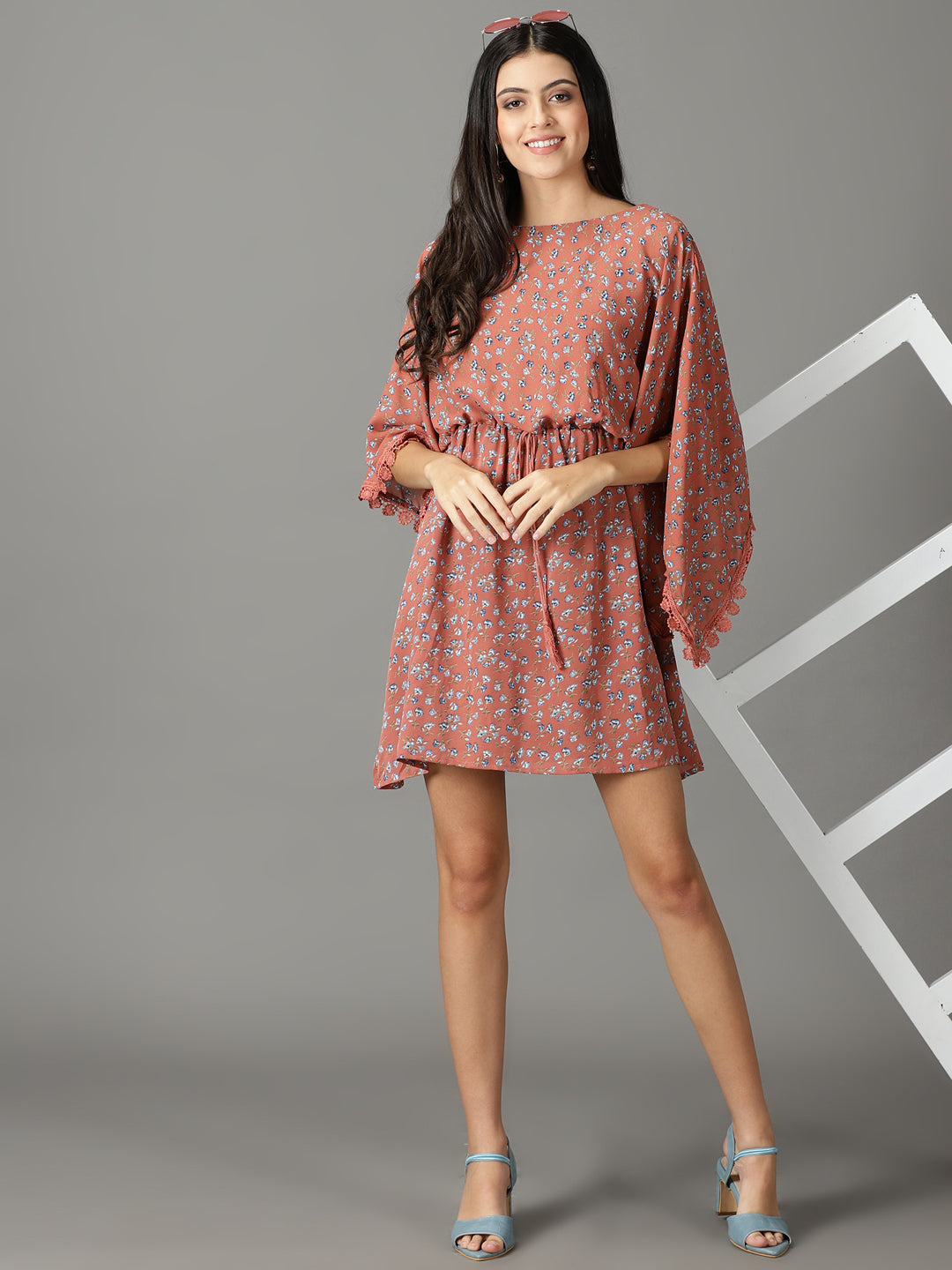 Women's Rust Floral Printed Boat Neck Kaftan Dress