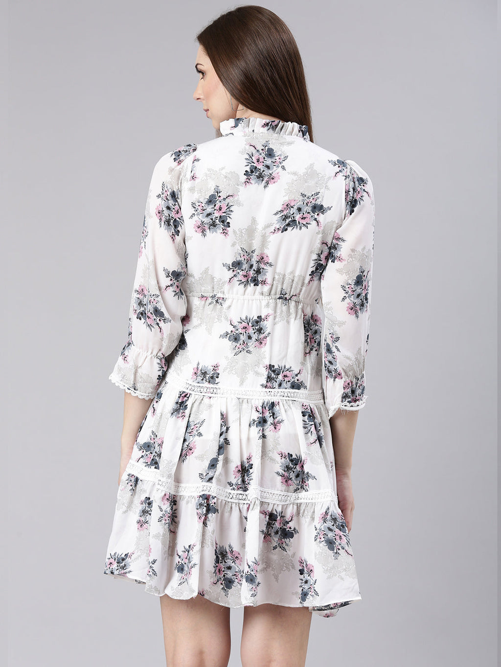 Women's White Floral Print Puff Sleeve Fit & Flare Dress