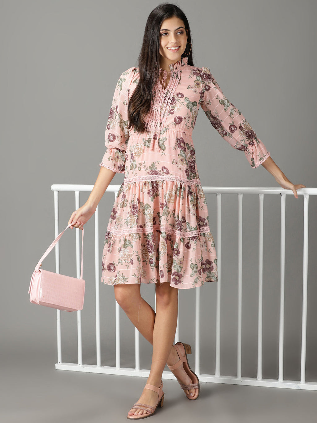 Women's Peach Floral Printed Tie-Up Neck Fit & Flare Dress