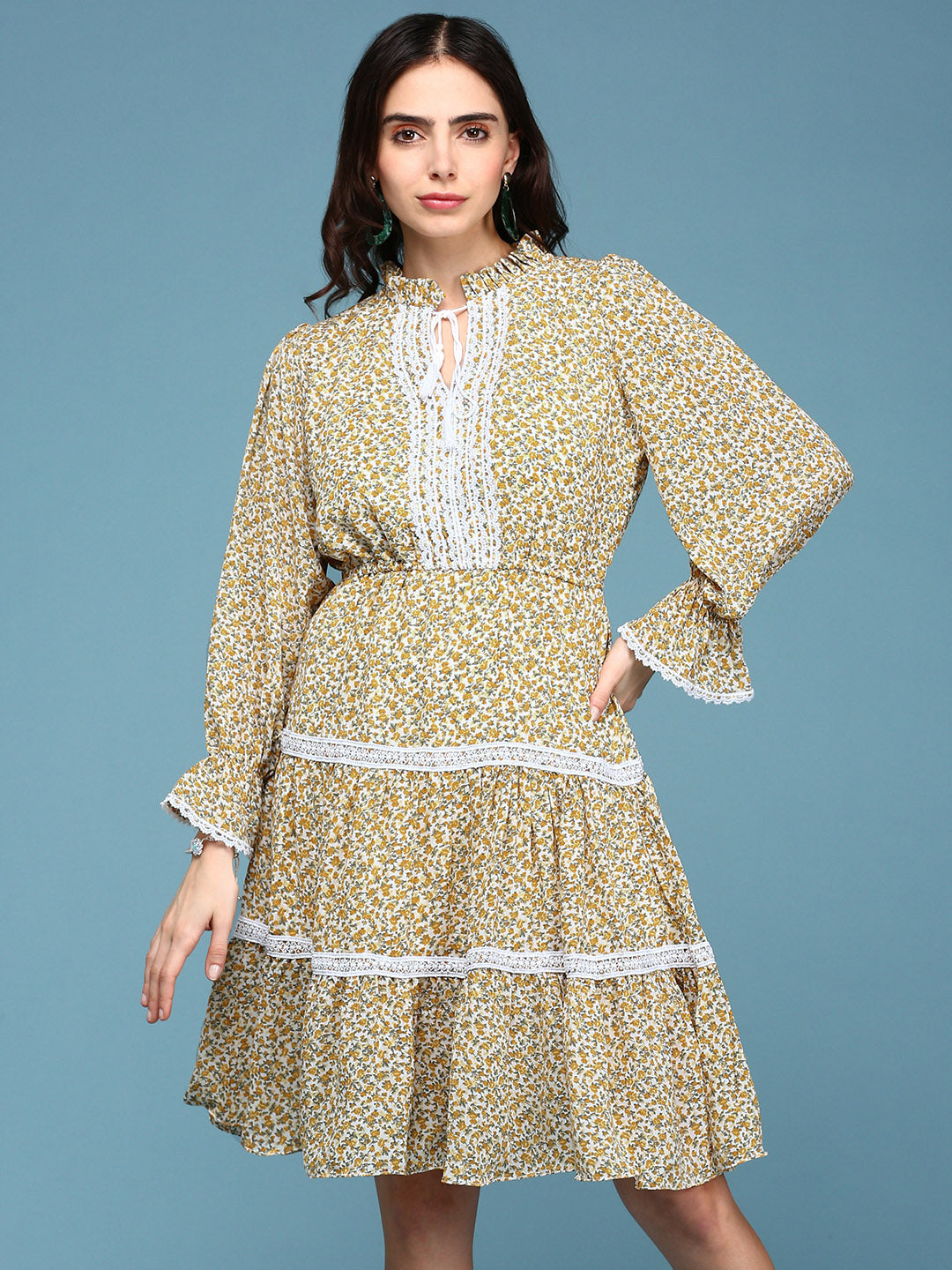 Women's Yellow Floral Printed Tie-Up Neck Lace-Inserts Tiered A-Line Dress