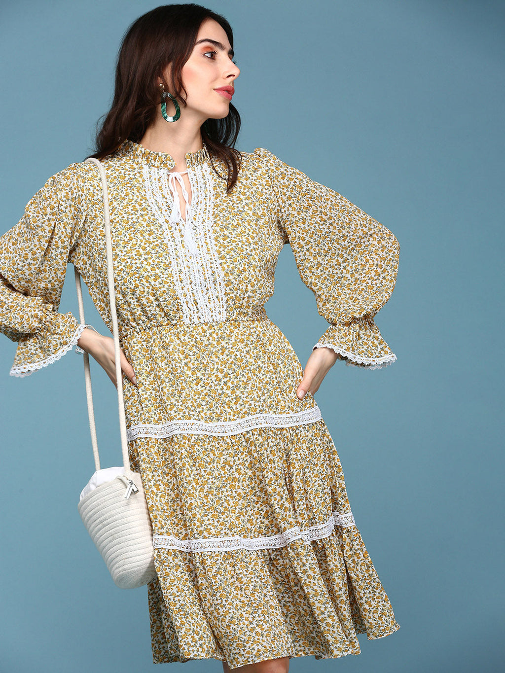 Women's Yellow Floral Printed Tie-Up Neck Lace-Inserts Tiered A-Line Dress