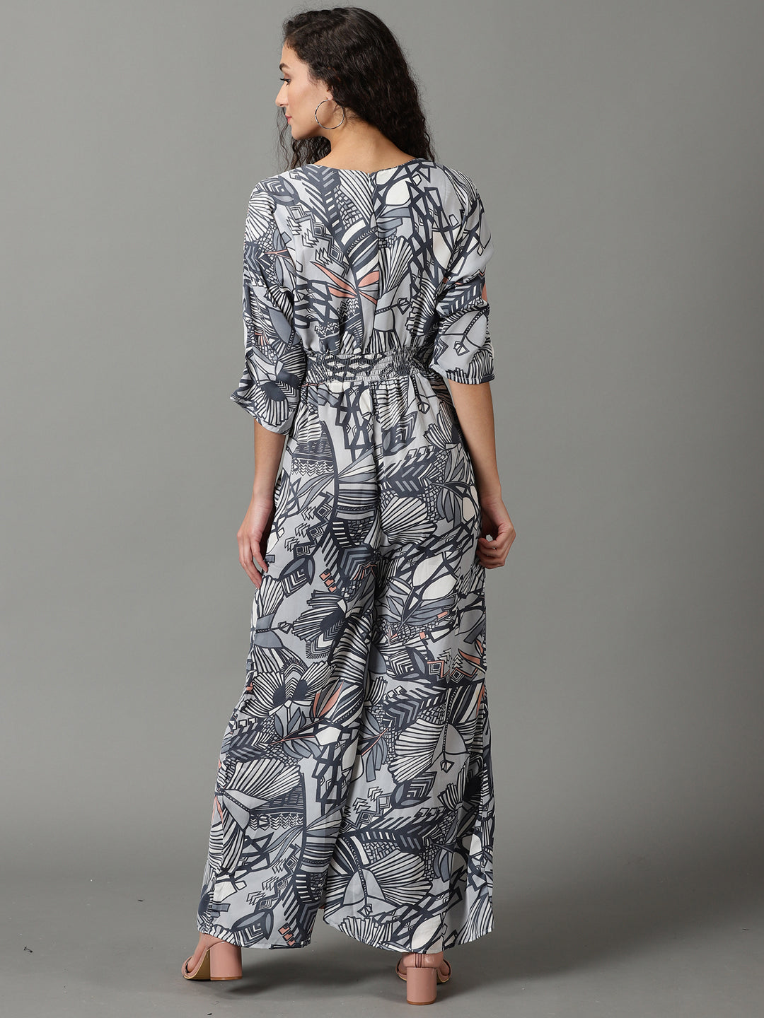 Women's Blue Floral Printed Boat Neck Basic Jumpsuit