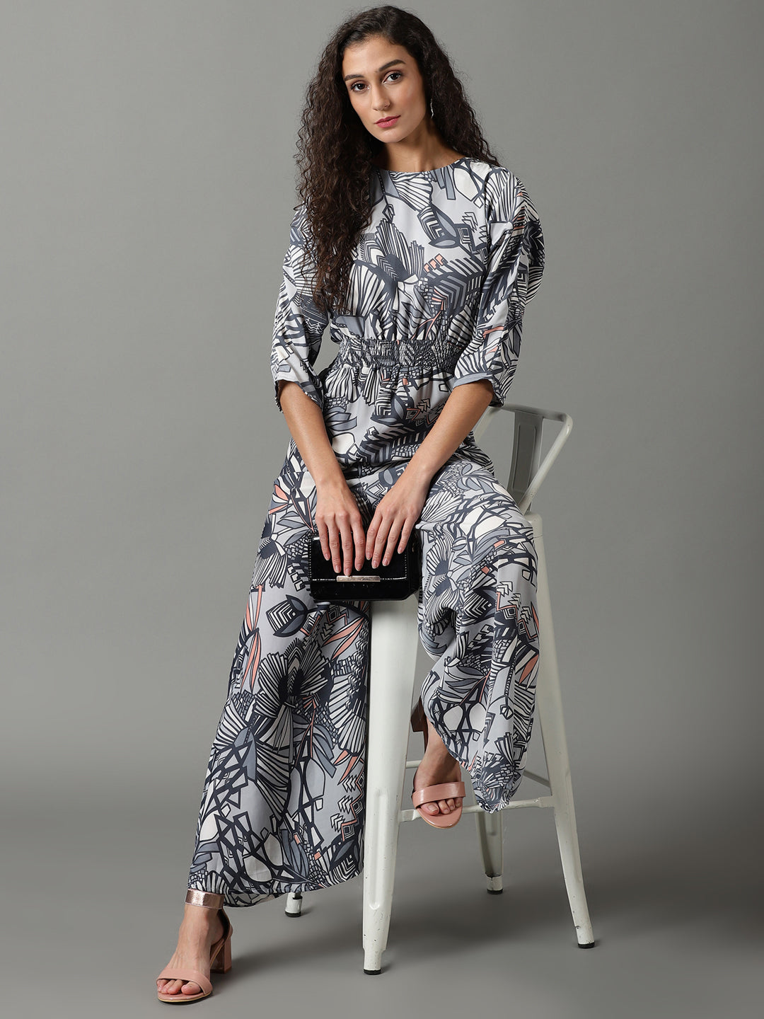 Women's Blue Floral Printed Boat Neck Basic Jumpsuit