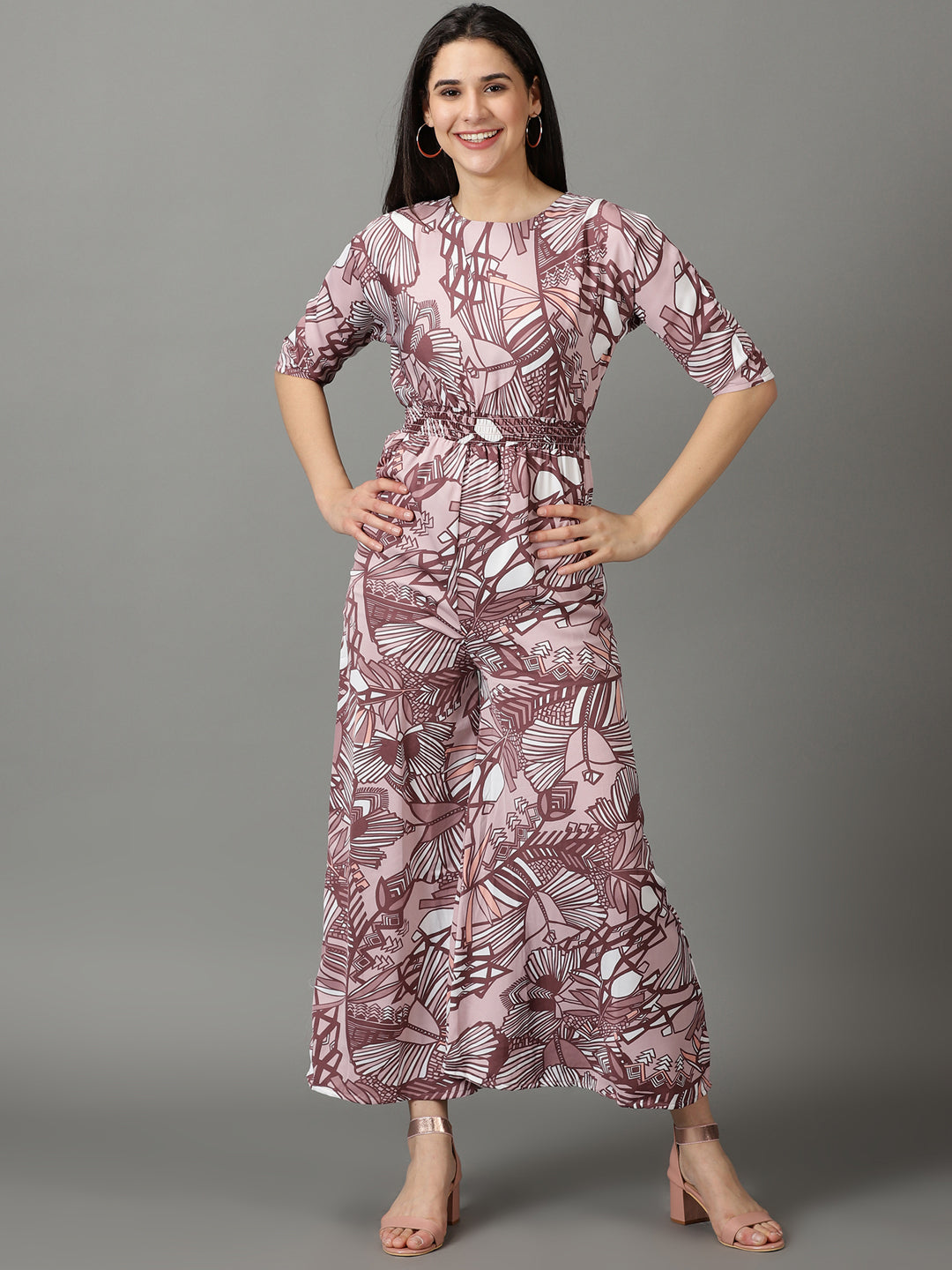 Women's Pink Floral Printed Basic Jumpsuit With Smocking