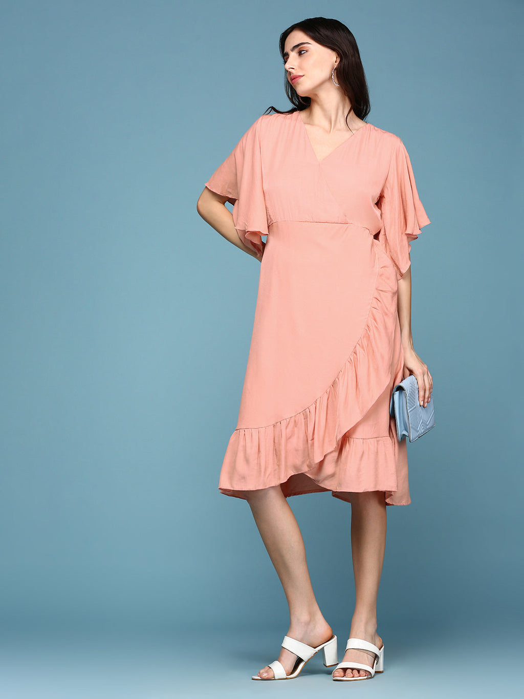 Women's Peach V-Neck A-Line Dress
