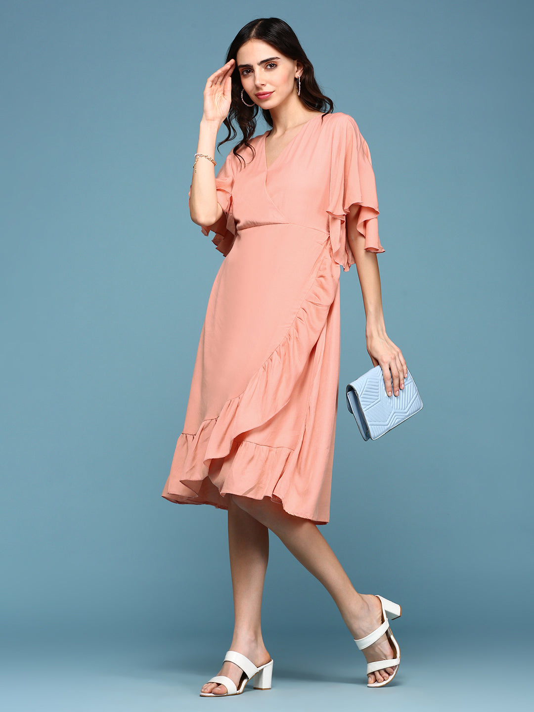 Women's Peach V-Neck A-Line Dress