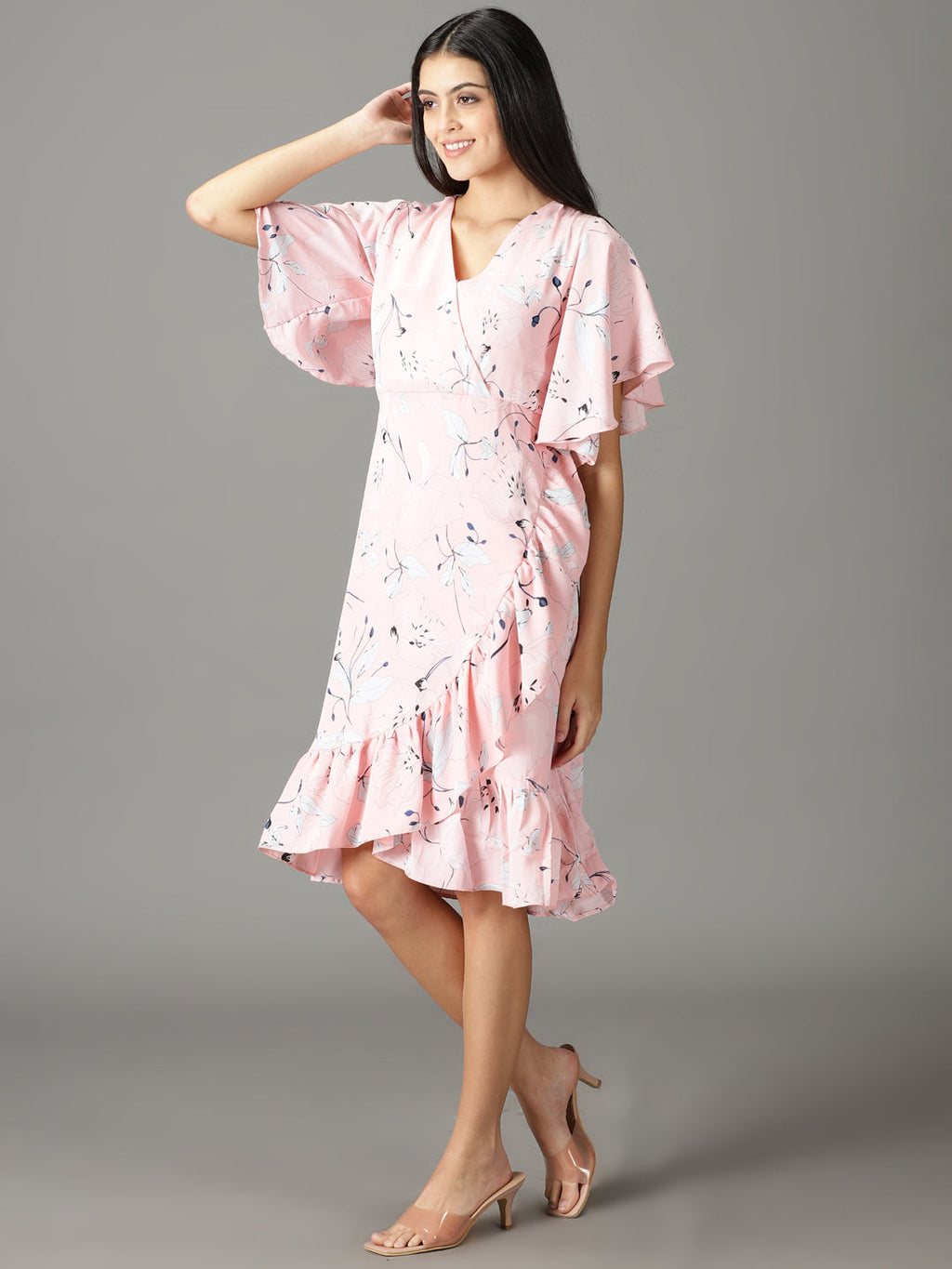 Women's Peach Floral Chiffon Wrap Dress