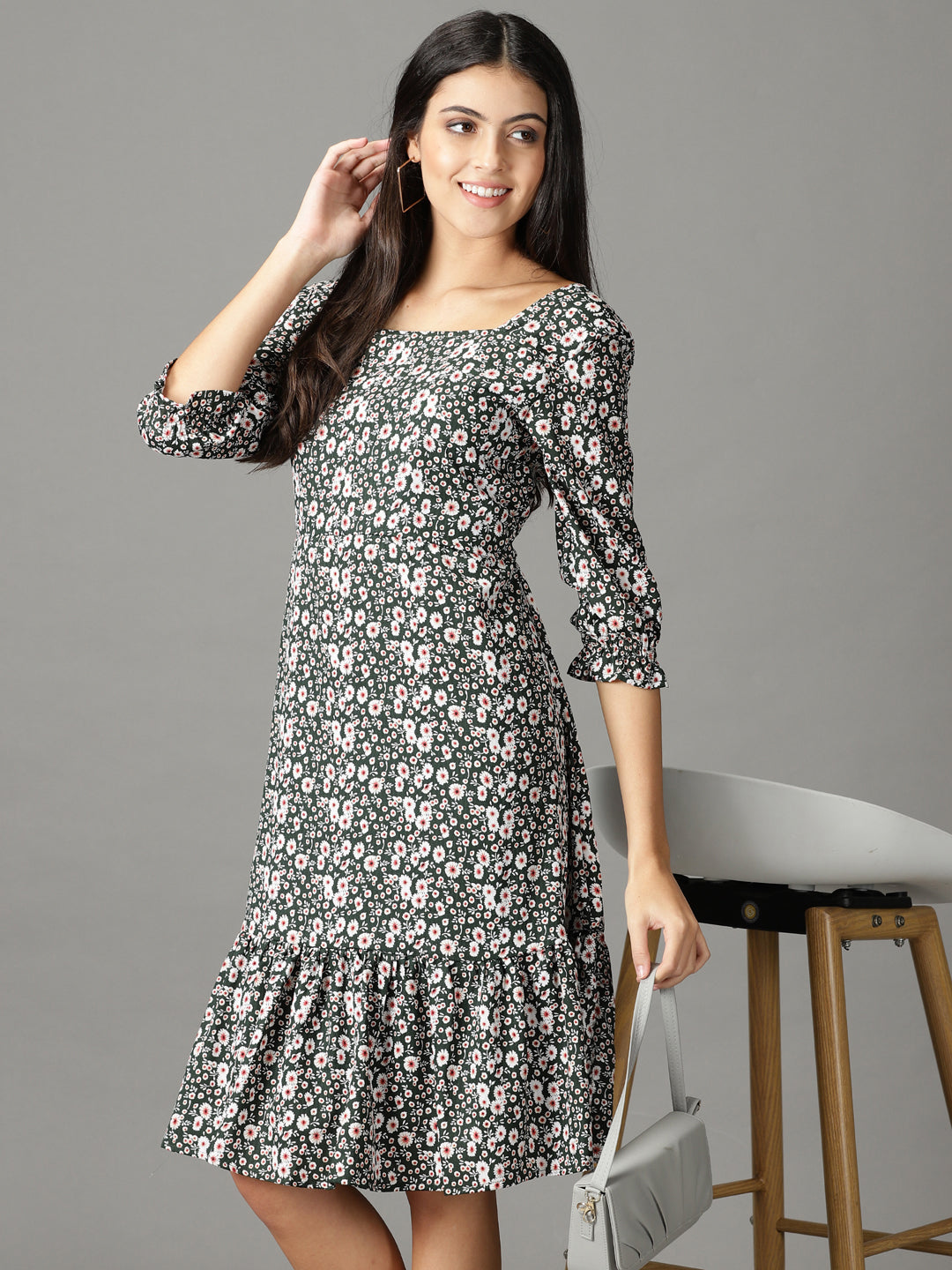 Women's Olive Printed Square Neck A-Line Dress