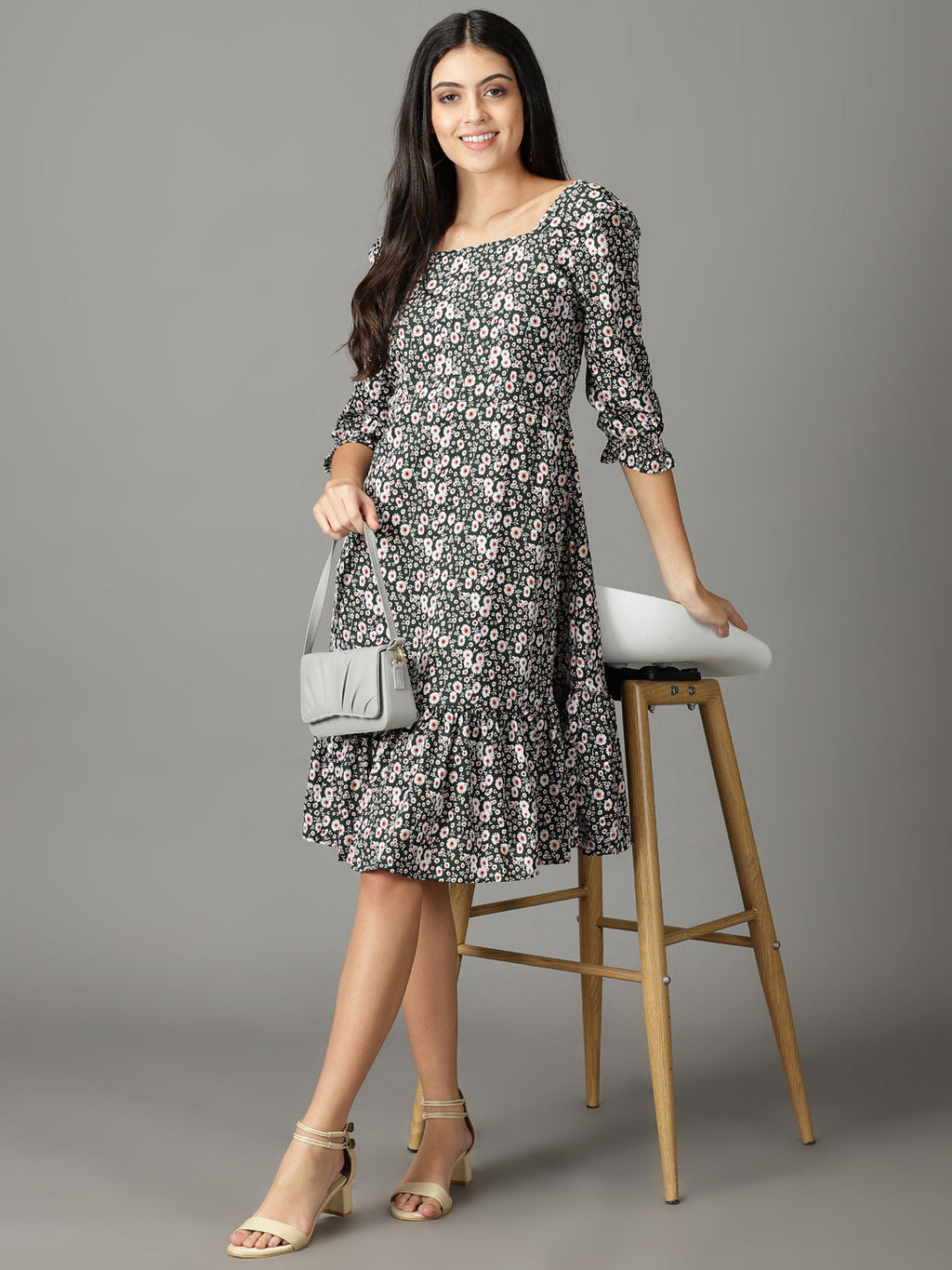 Women's Olive Printed Square Neck A-Line Dress