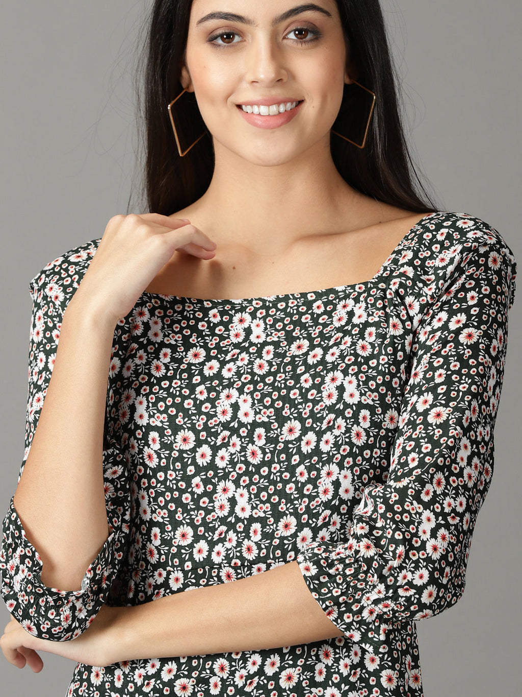Women's Olive Printed Square Neck A-Line Dress