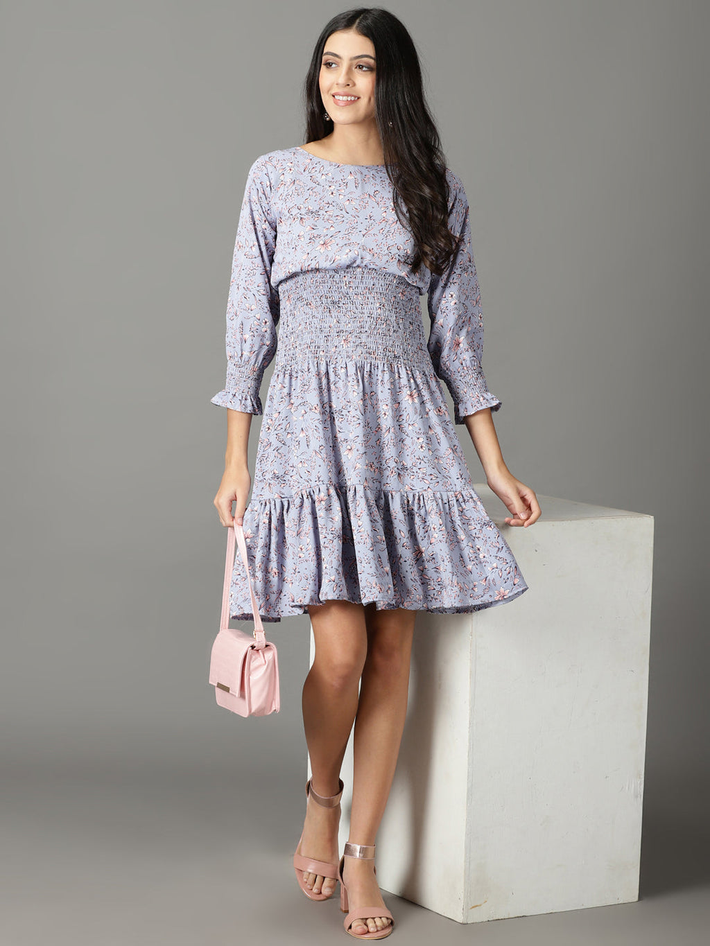 Women's Blue Floral Printed Chiffon Dress