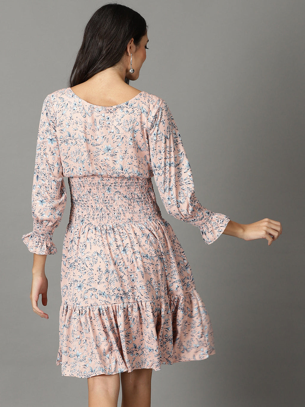 Women's Peach Floral Printed Smocked Detailed A-Line Dress