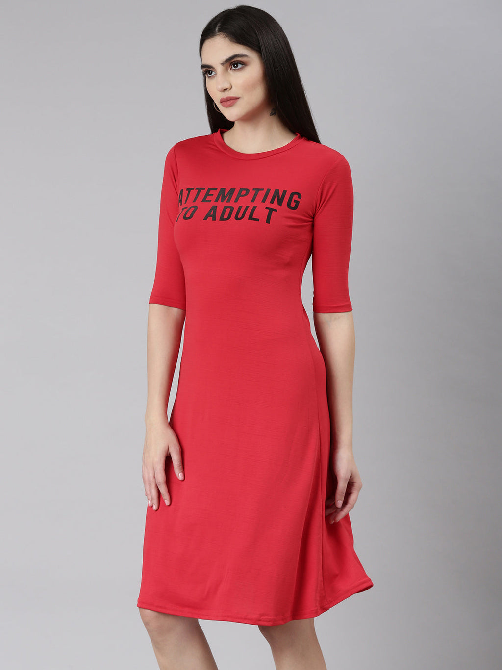 Women's Red Typography Printed T-shirt Dress