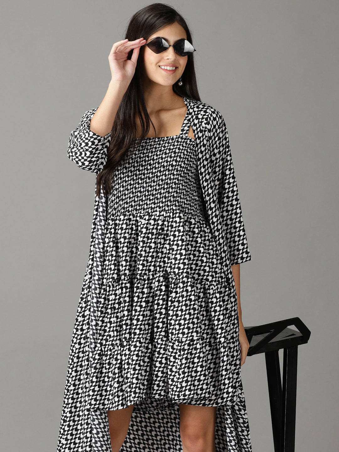 Women's Black Printed Square Neck A-Line Dress