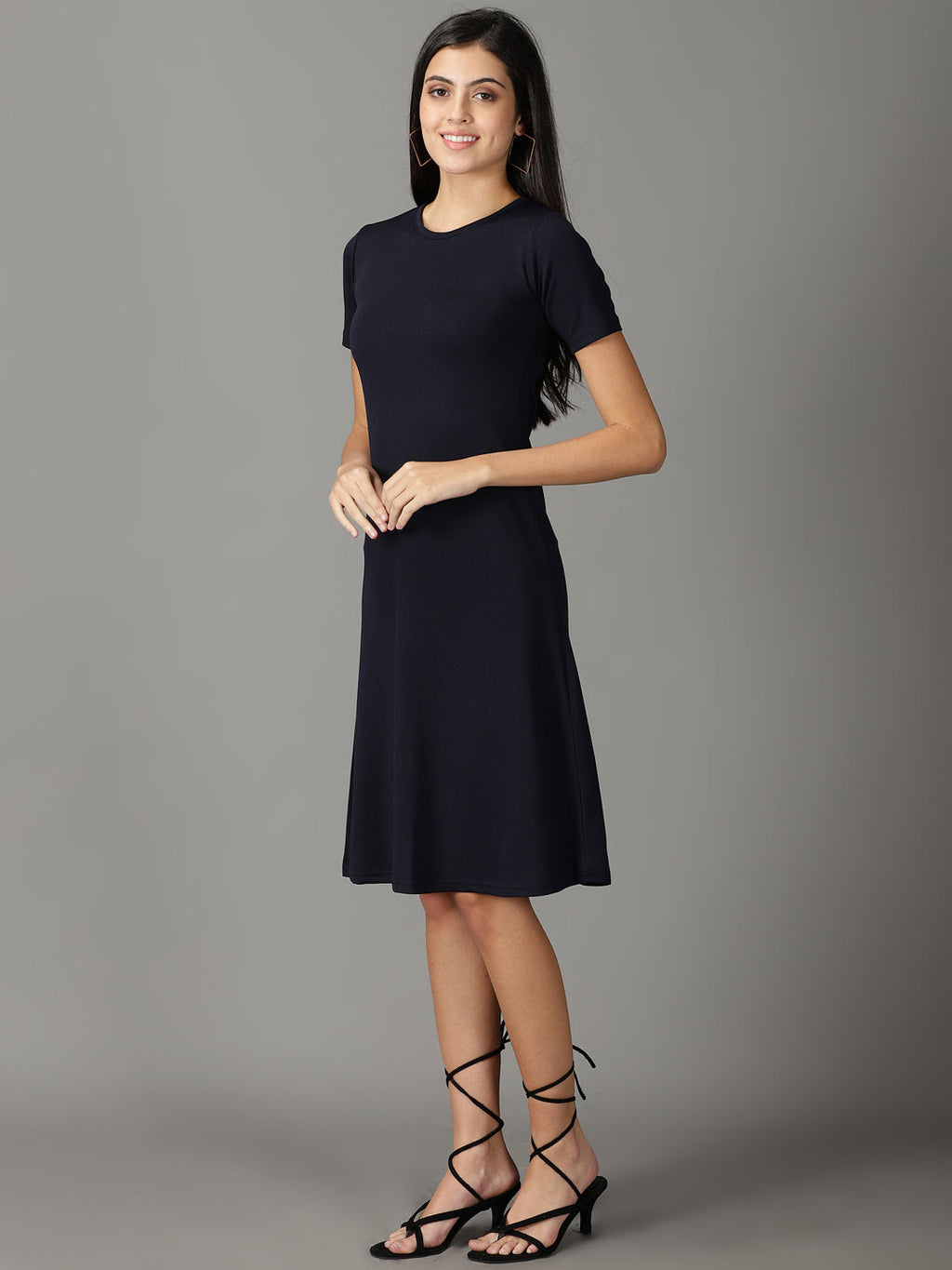Women's Navy Blue Round Neck A-Line Dress