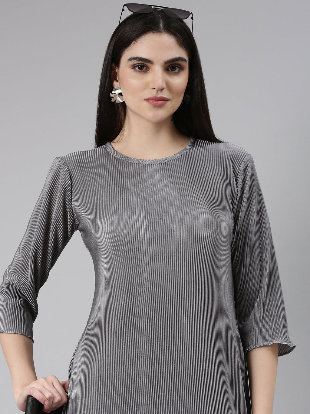 Women's Grey Self Design Satin A-Line Dress