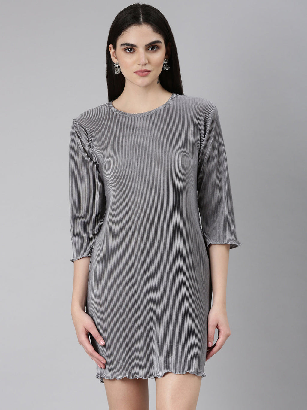 Women's Grey Self Design Satin A-Line Dress