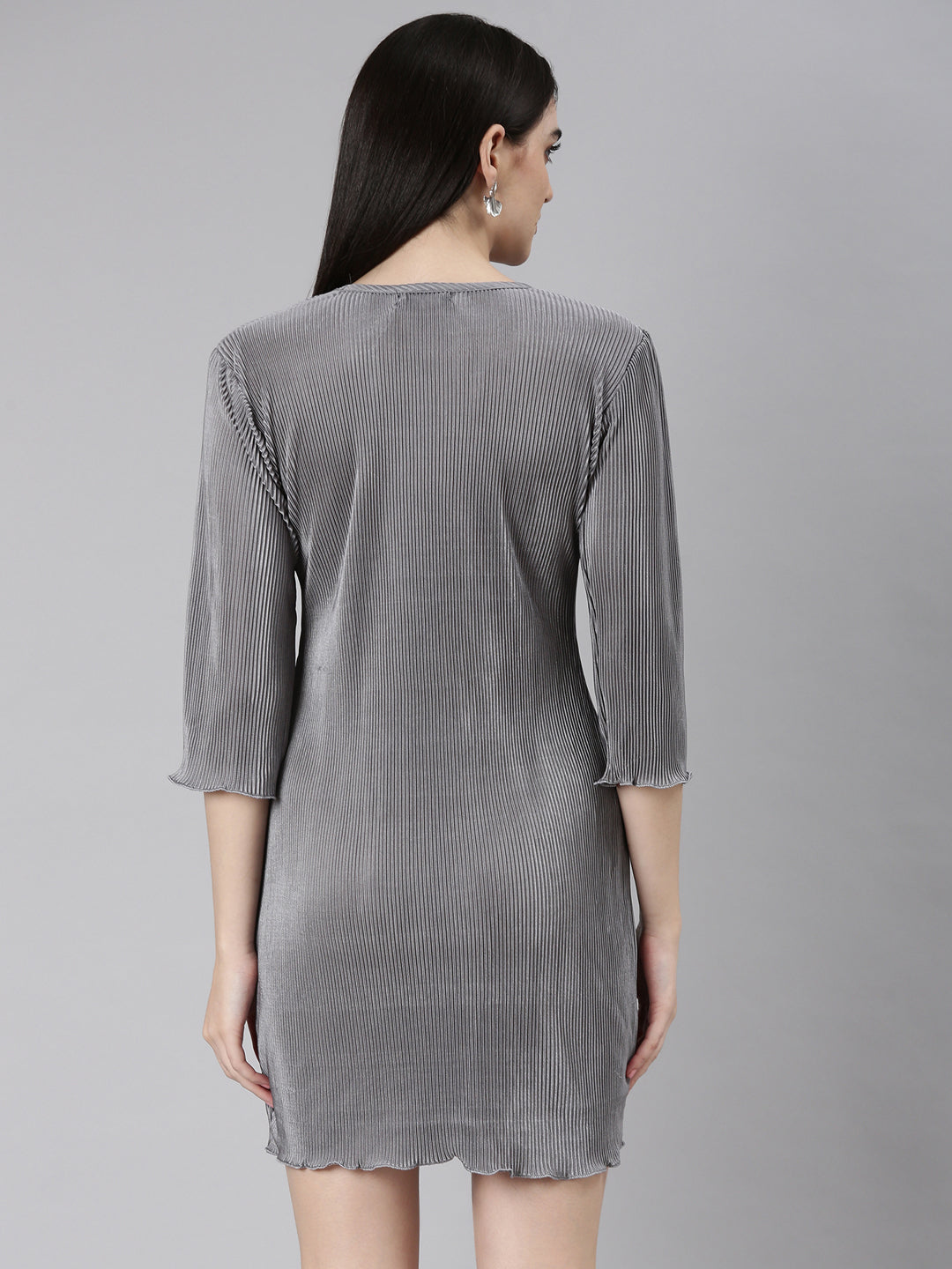 Women's Grey Self Design Satin A-Line Dress