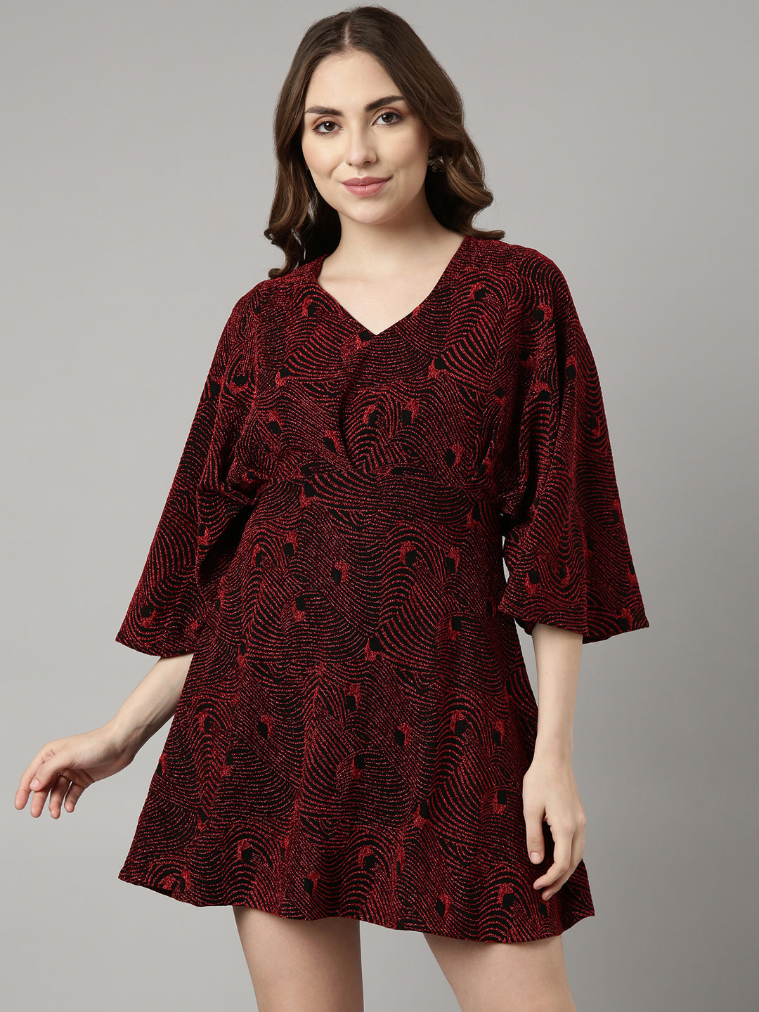Women's Red Abstract Print V-Neck Fit and Flare Dress
