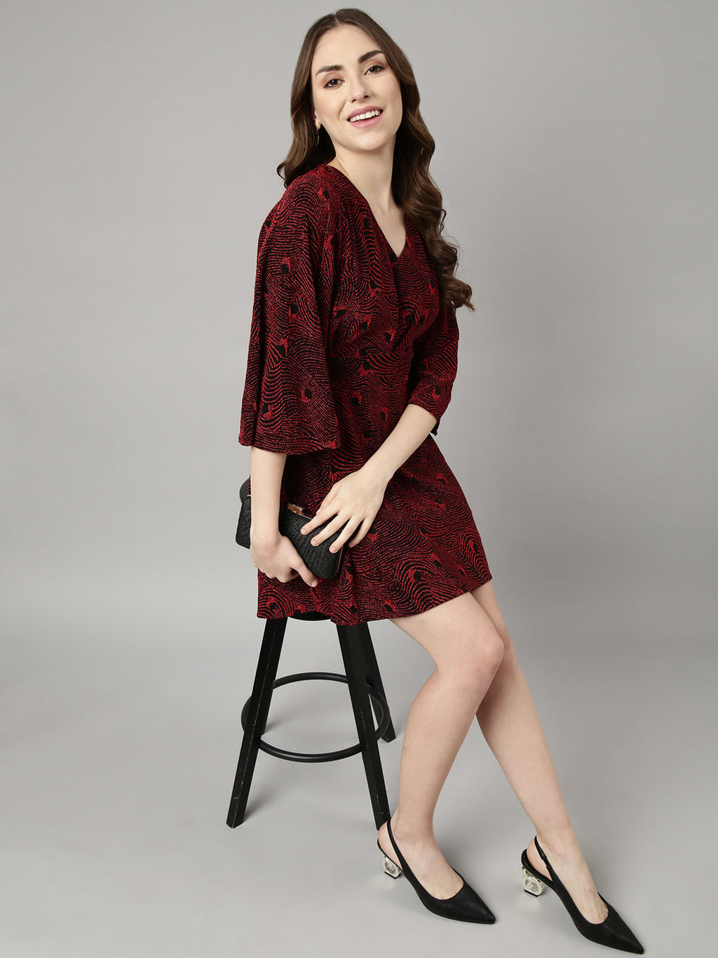 Women's Red Abstract Print V-Neck Fit and Flare Dress