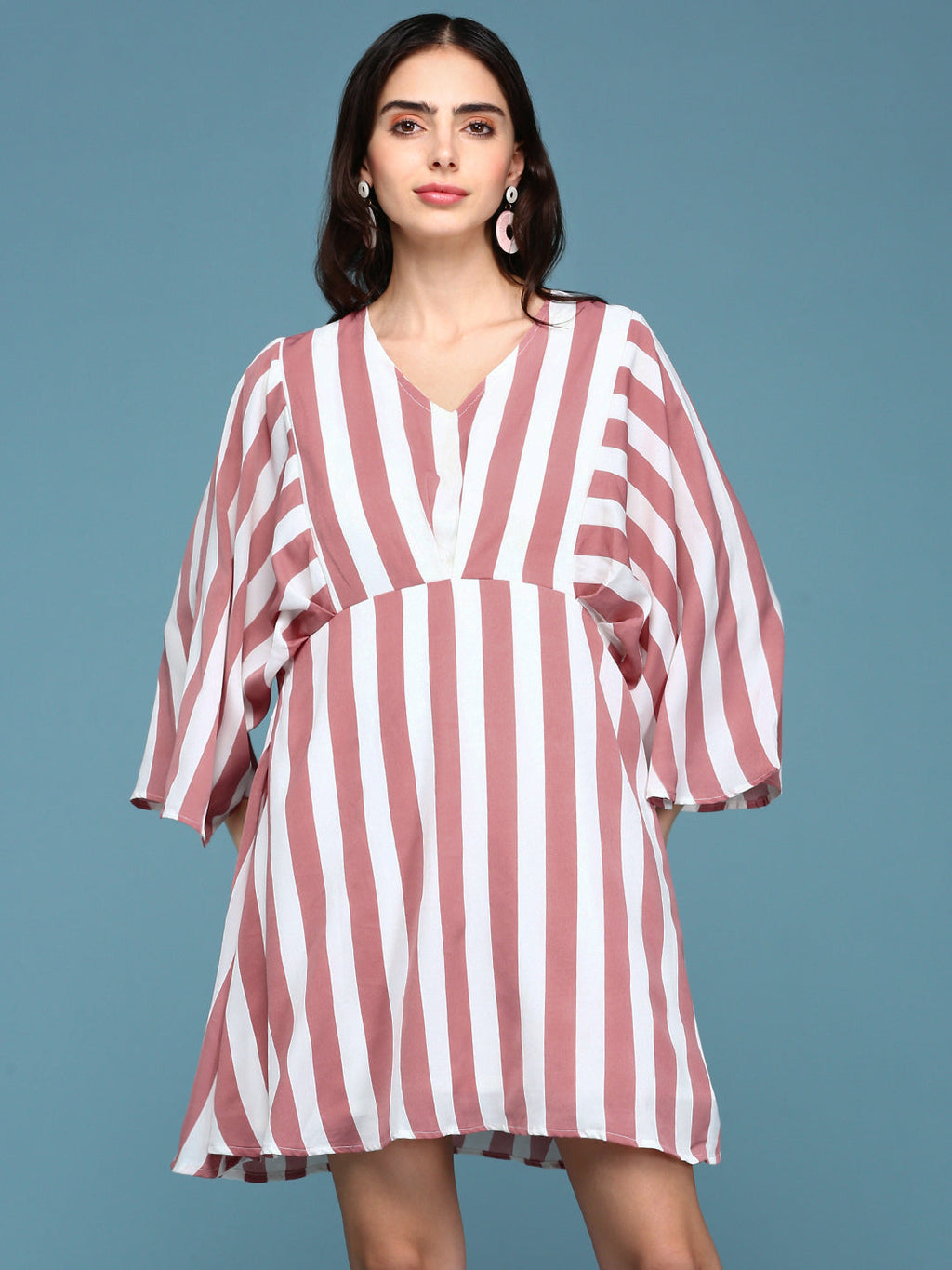 Women's Mauve Striped V-Neck Flared Sleeves A-Line Midi Dress