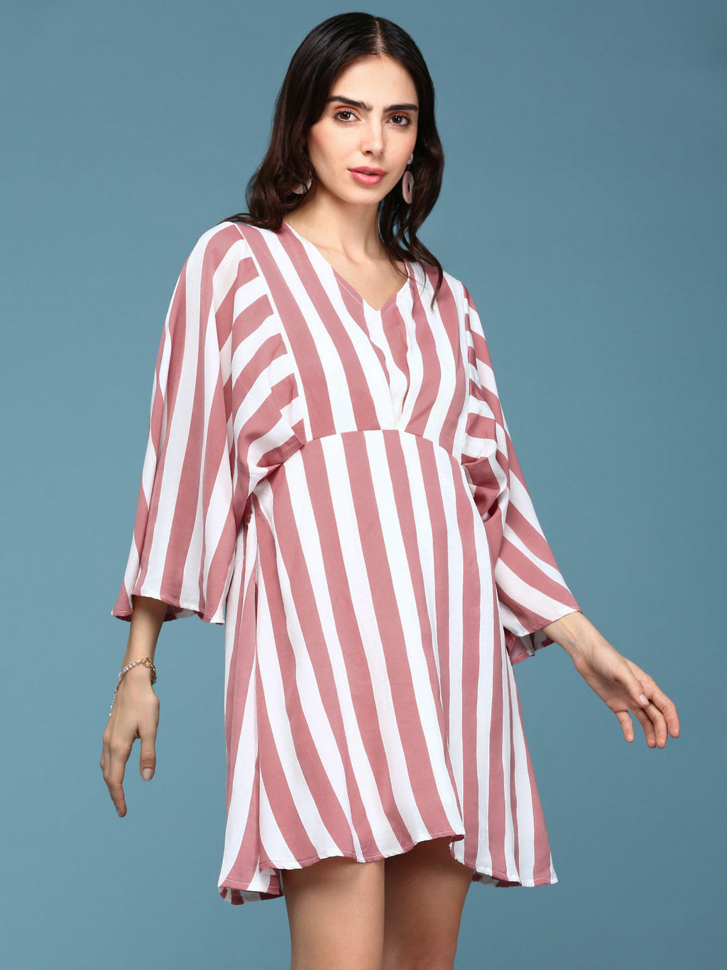 Women's Mauve Striped V-Neck Flared Sleeves A-Line Midi Dress