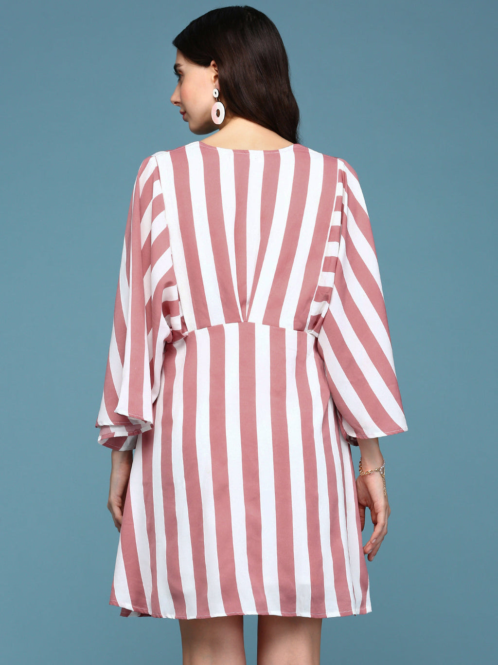 Women's Mauve Striped V-Neck Flared Sleeves A-Line Midi Dress