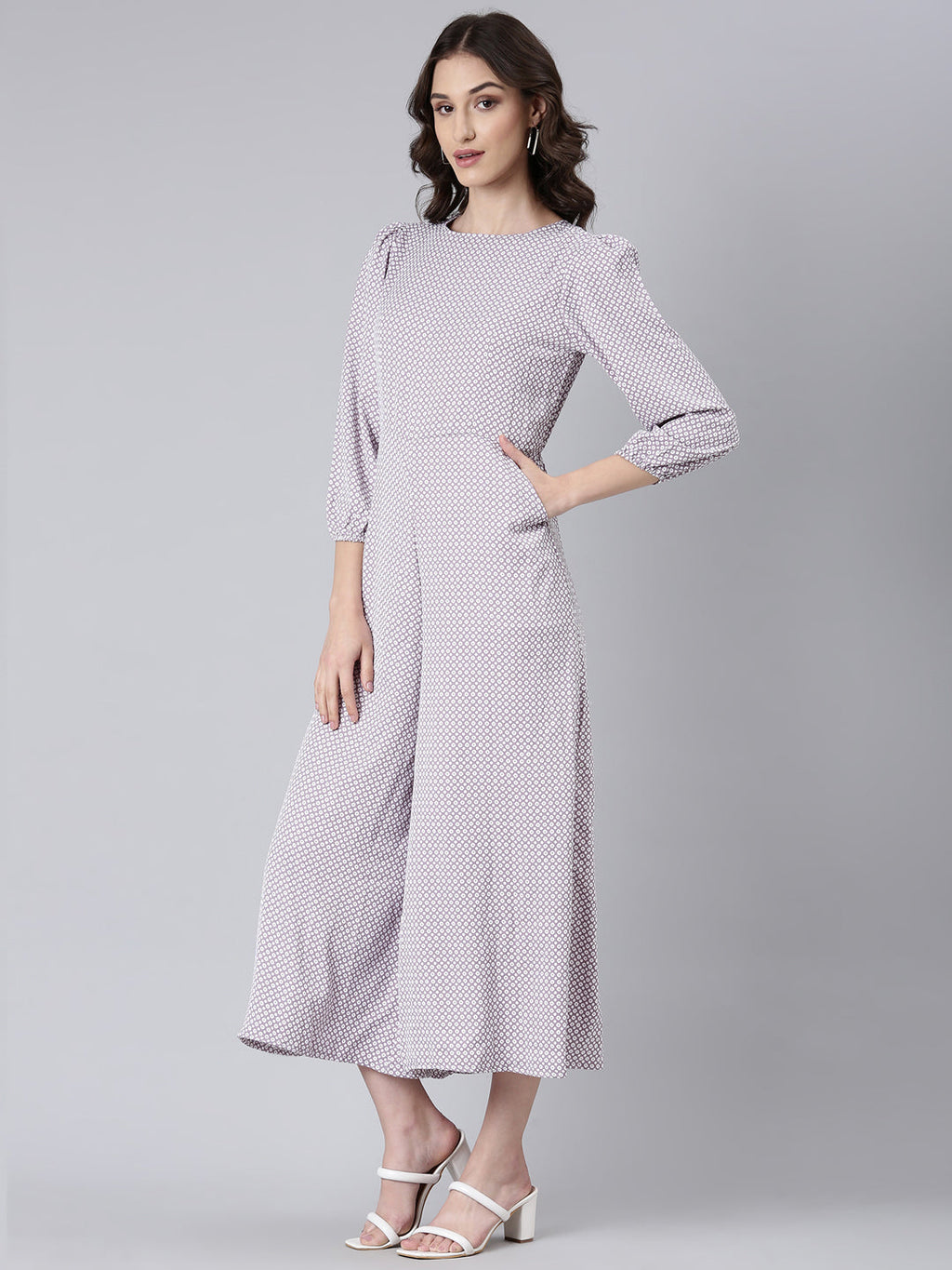 Women's Taupe Printed Puff Sleeves Cotton Basic Jumpsuit