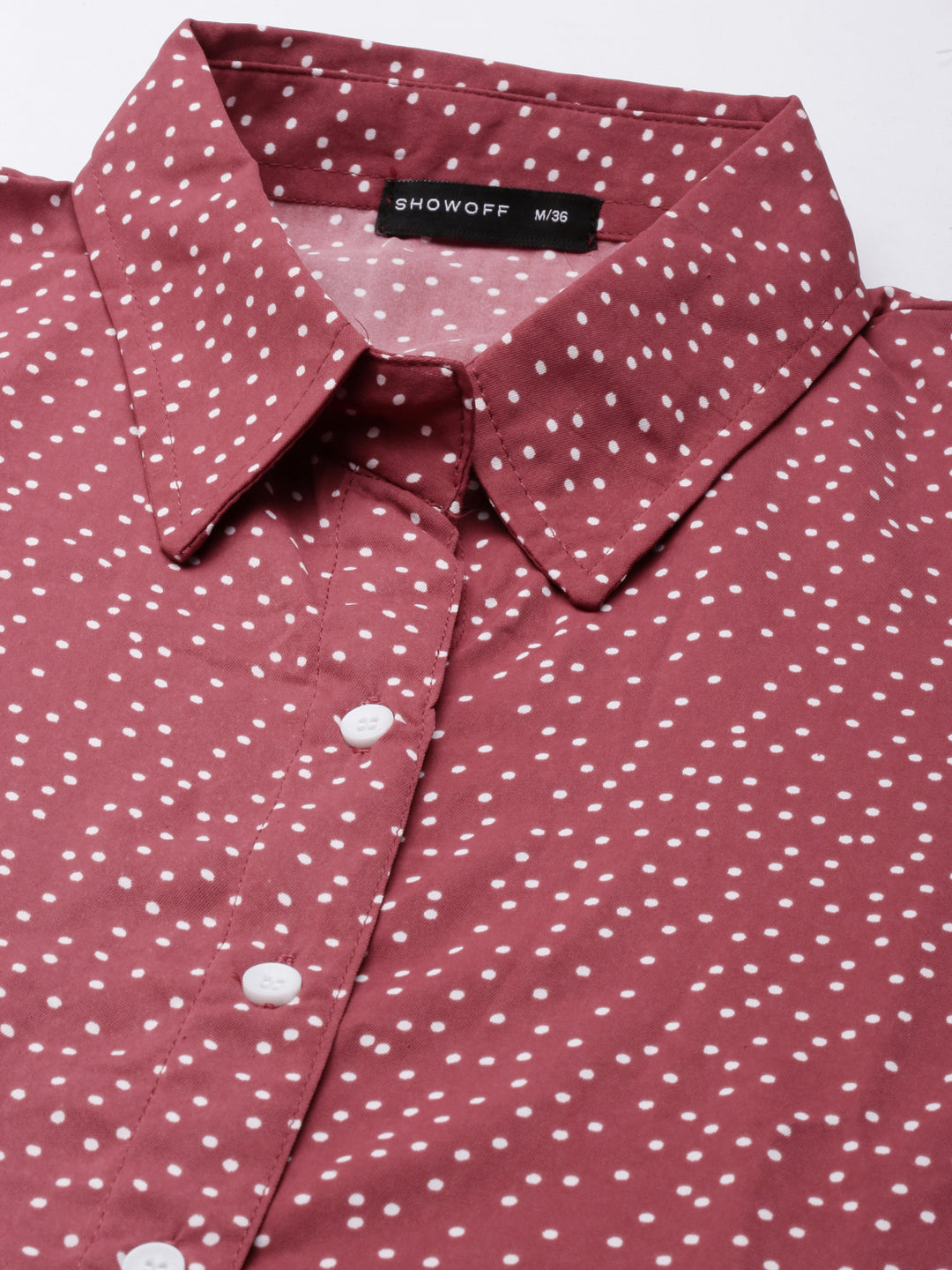 Women's Mauve Polka Dot Printed Shirt Cotton Midi Dress