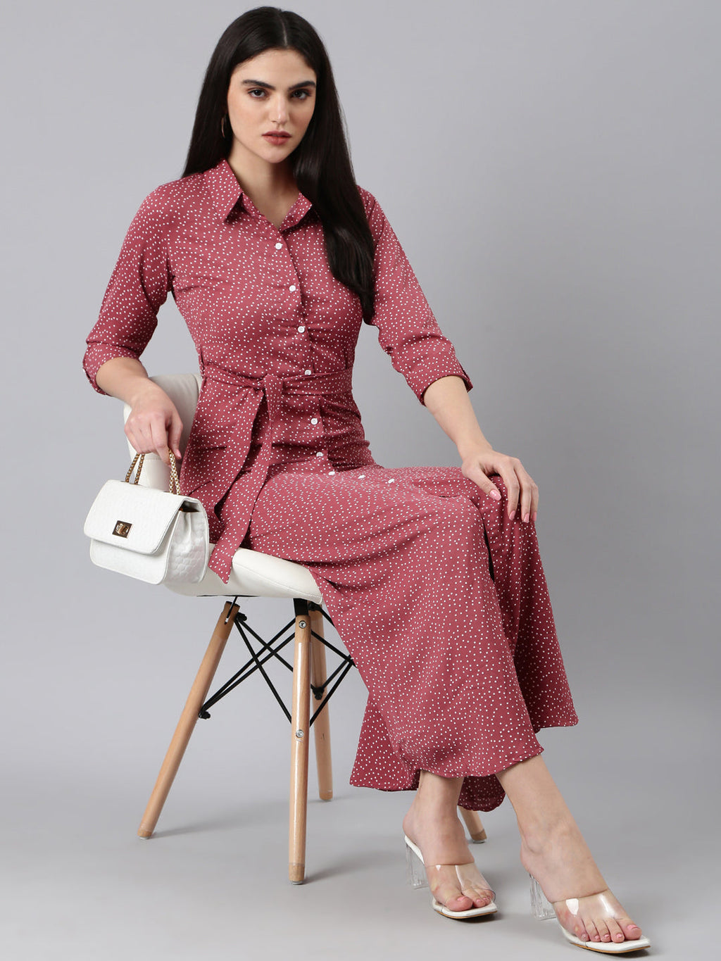 Women's Mauve Polka Dot Printed Shirt Cotton Midi Dress