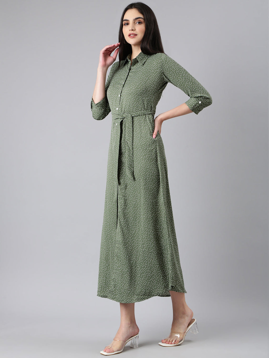 Women's Olive Printed Shirt Midi Dress