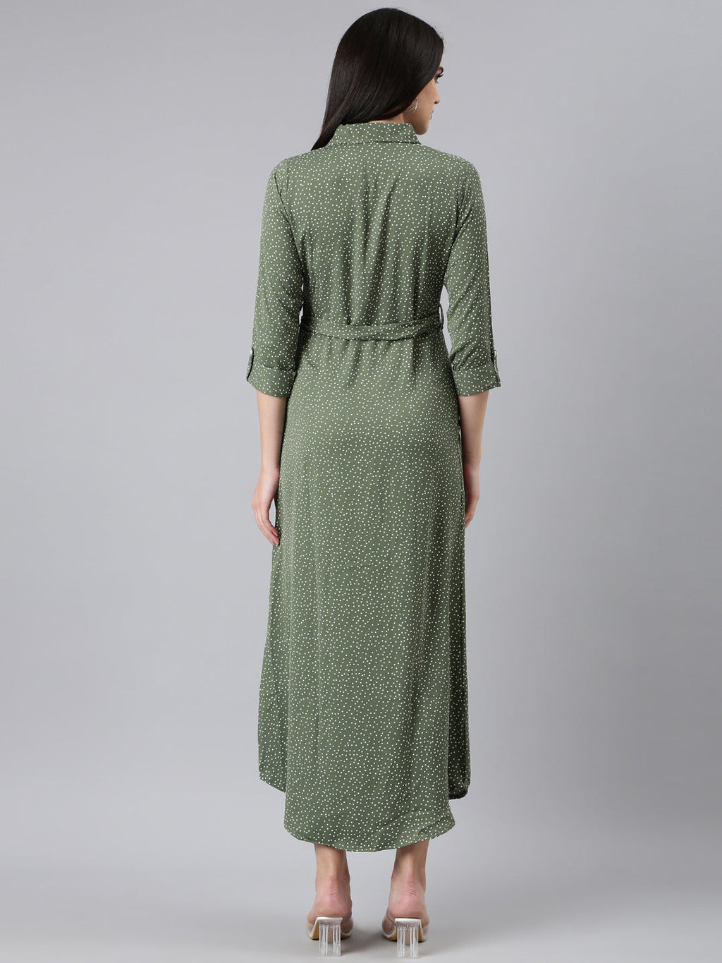 Women's Olive Printed Shirt Midi Dress