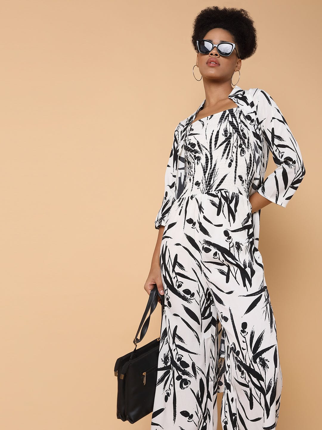 Women's Cream Printed Basic Jumpsuit with Shrug