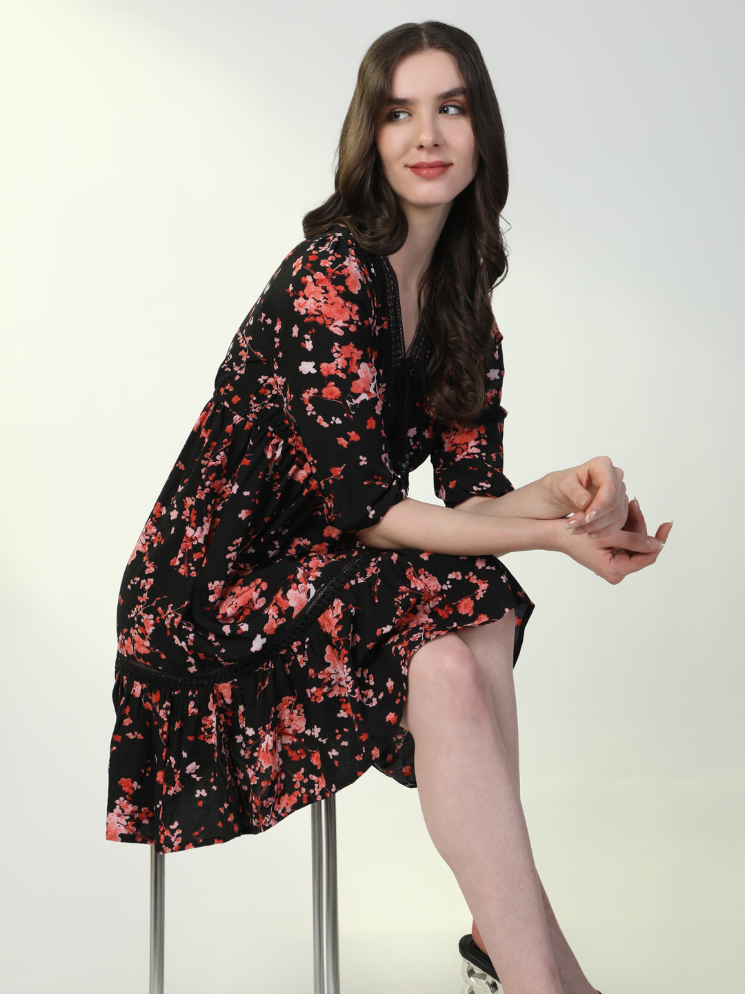 Women's Floral Black A-Line Dress