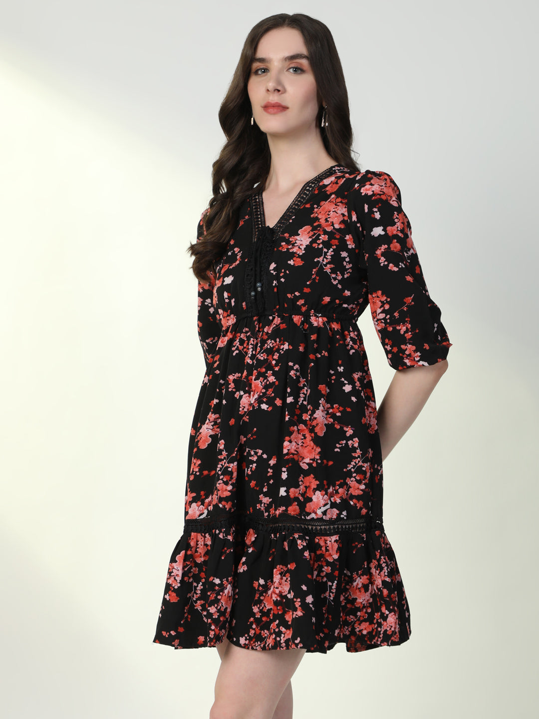Women's Floral Black A-Line Dress