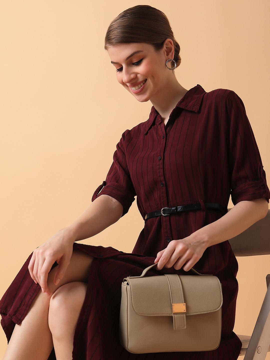 Women's Striped Maroon Midi A-Line Dress with Belt