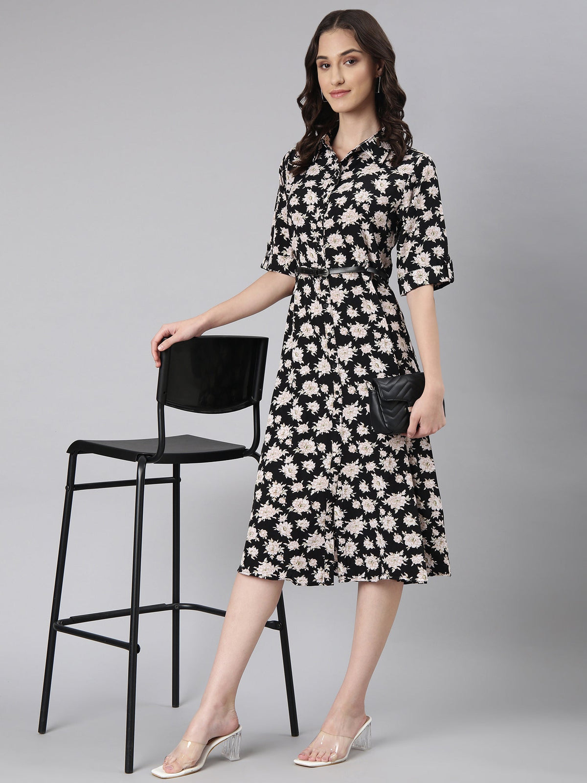 Women's Black Floral Printed Shirt Midi Dress