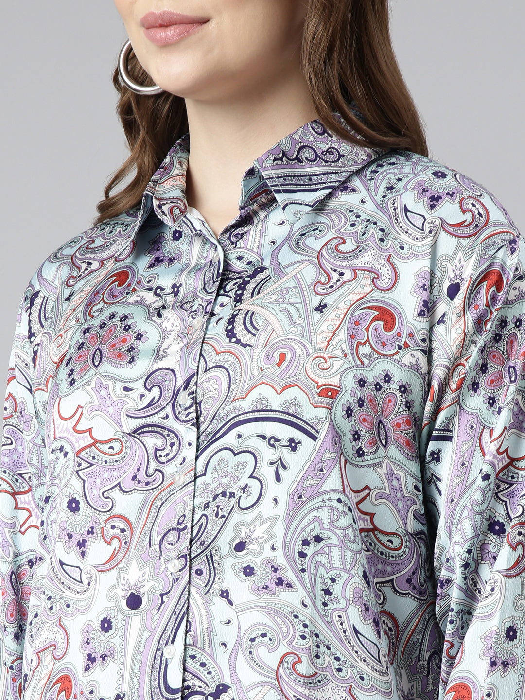Women's Blue Abstract Print Satin Shirt Dress