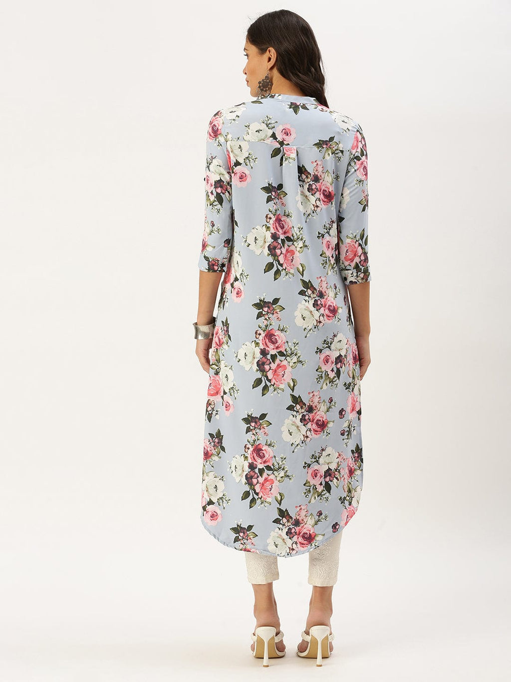 Women's Mandarin Collar Printed Blue Straight Kurta