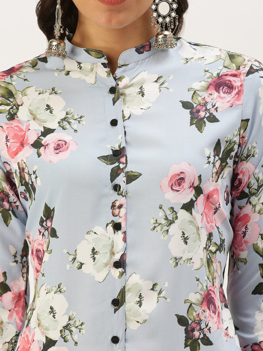 Women's Mandarin Collar Printed Blue Straight Kurta