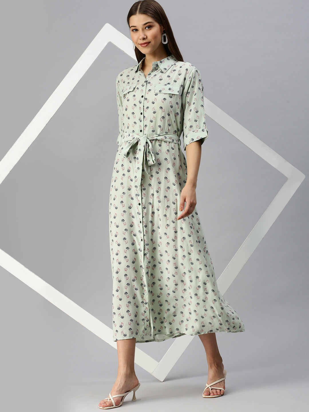 Women's Green Floral Shirt Midi Dress