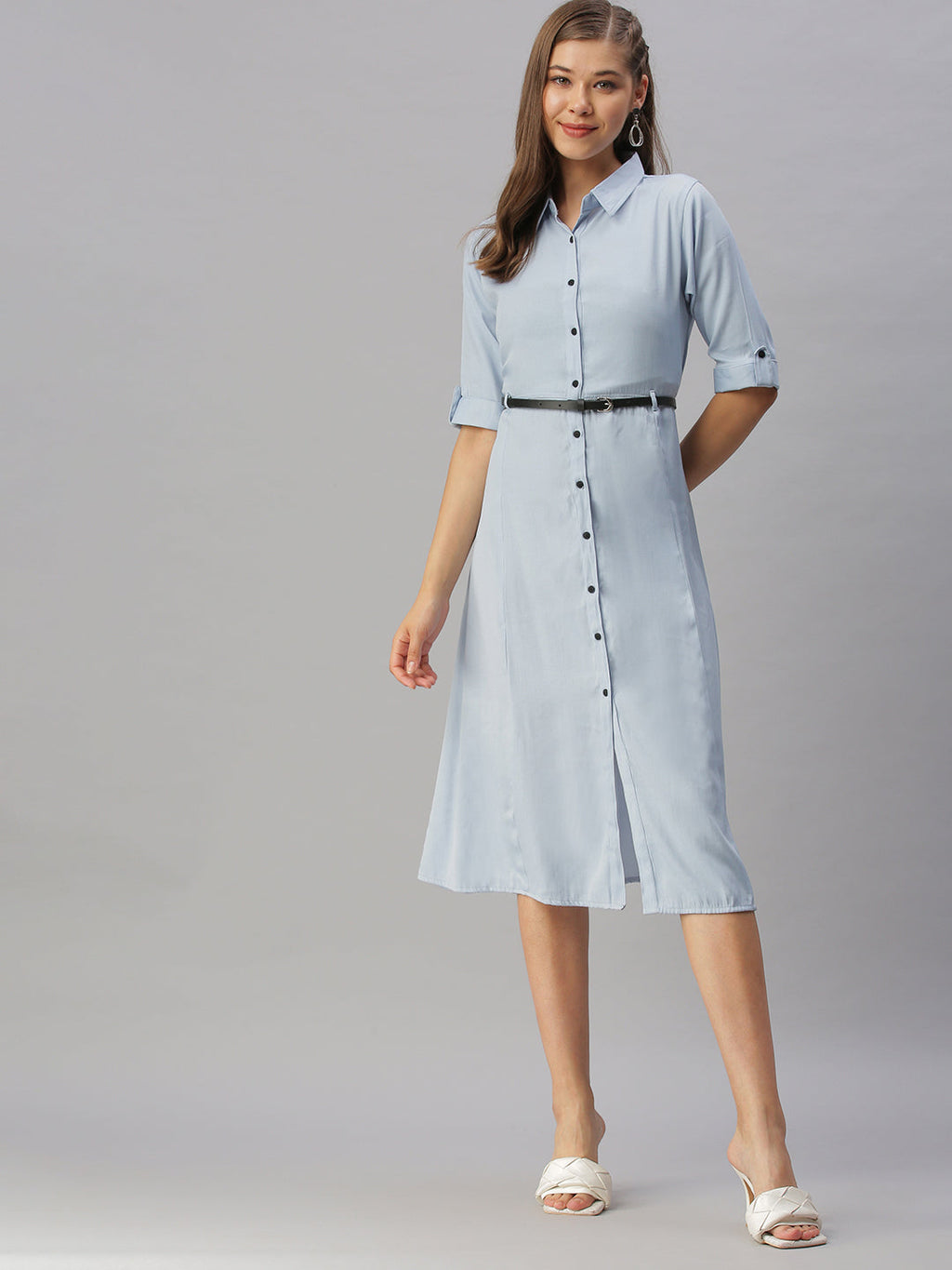 Women's Blue Shirt Midi Dress