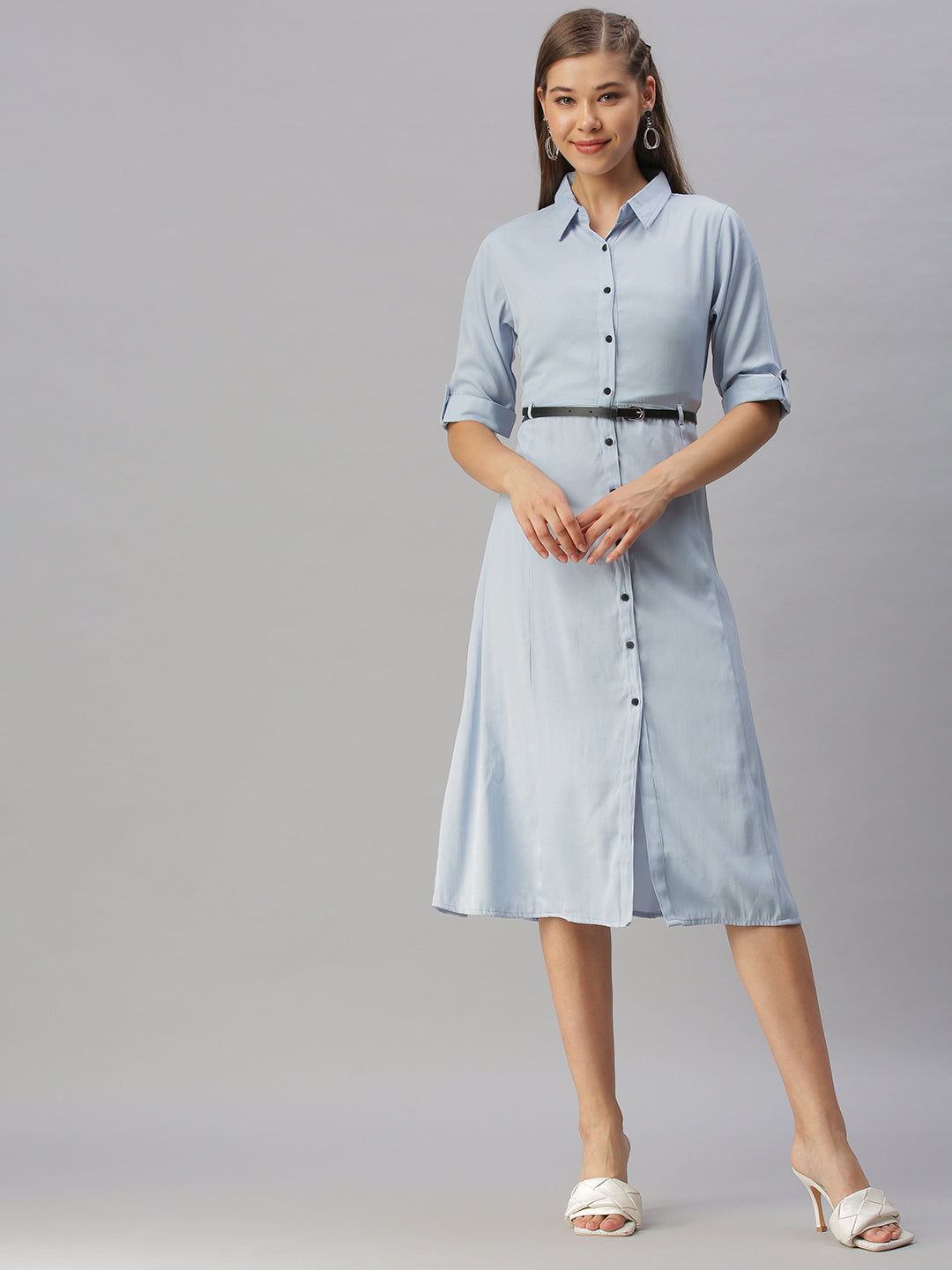 Women's Blue Shirt Midi Dress