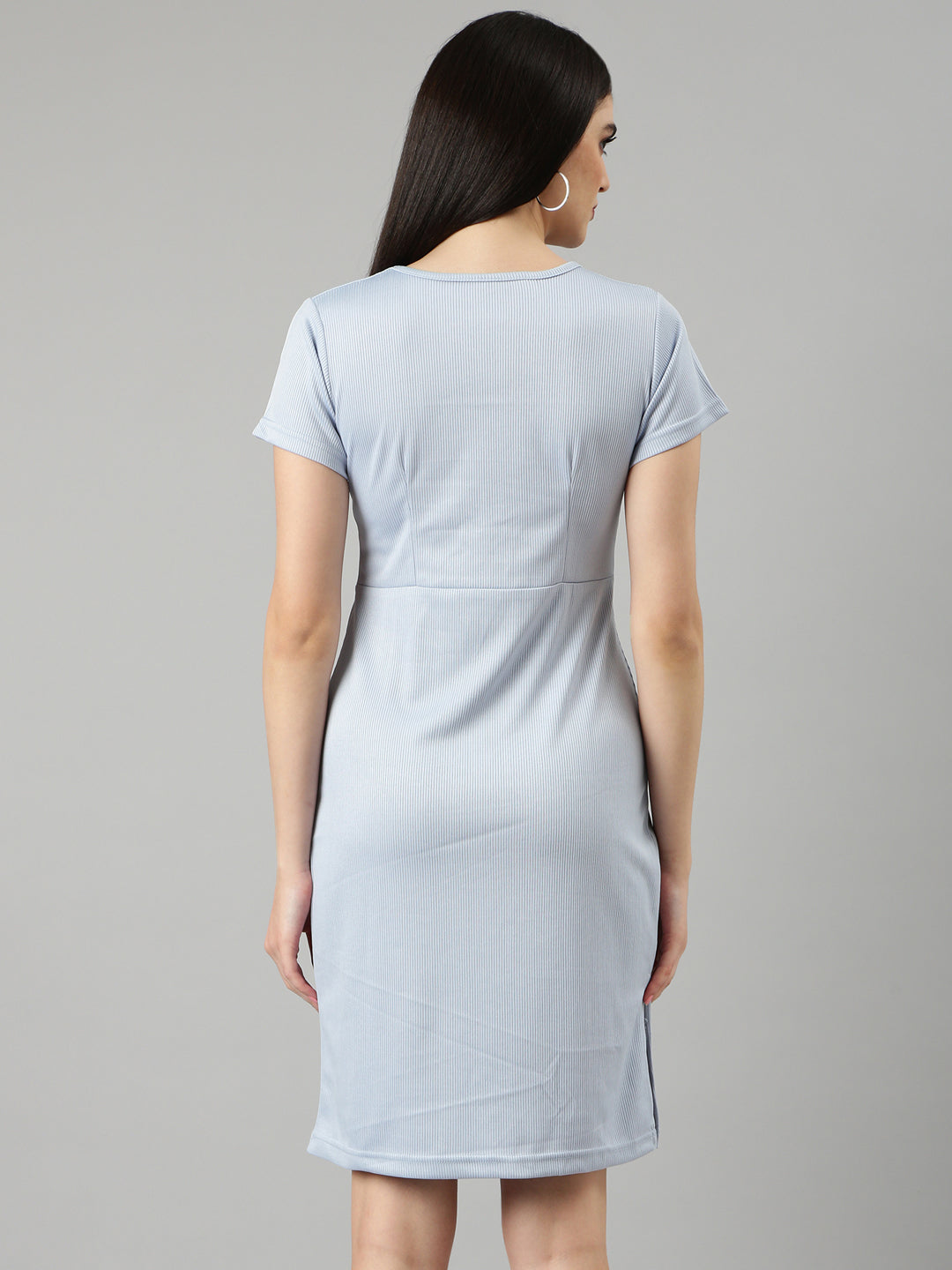 Women's Blue Round Neck Short Sleeves Cotton Knitted Sheath Dress