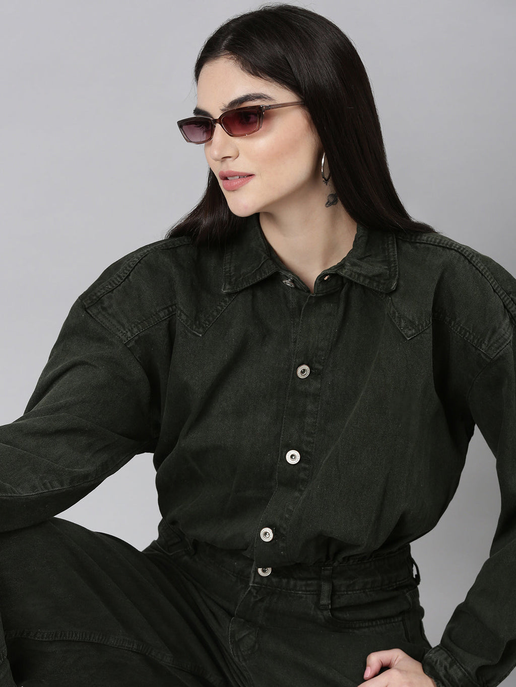 Women's Olive Shirt Collar Long Sleeves Cotton Basic Jumpsuit