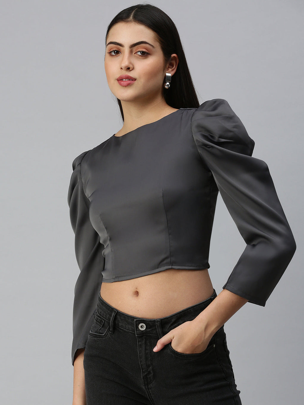 Women's Grey Crepe Crop Top