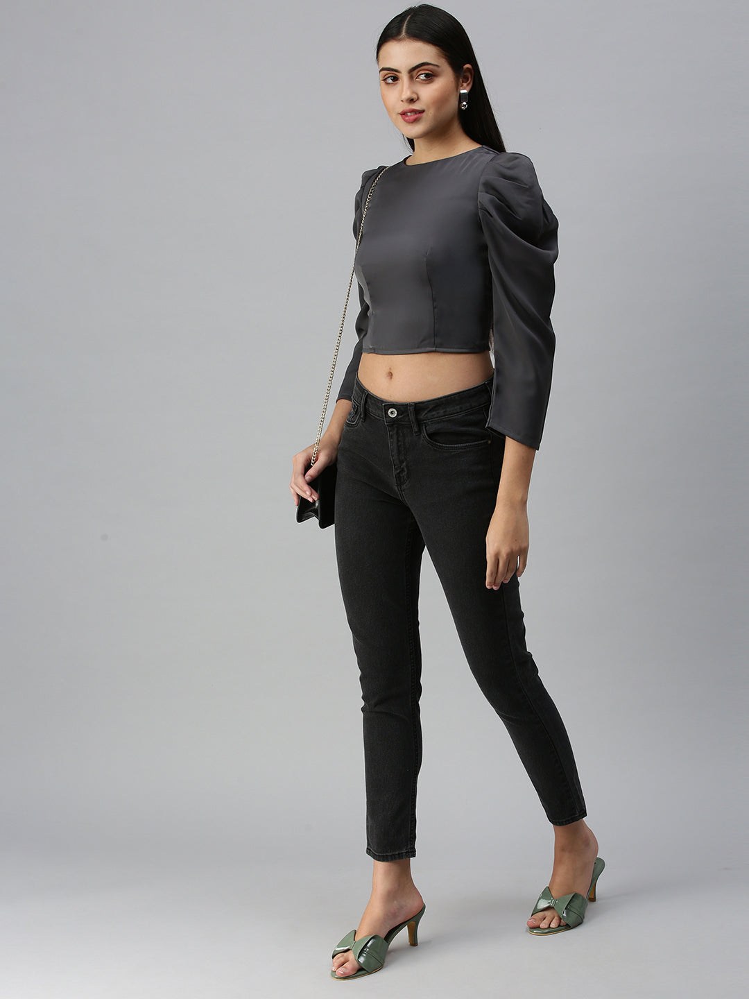 Women's Grey Crepe Crop Top