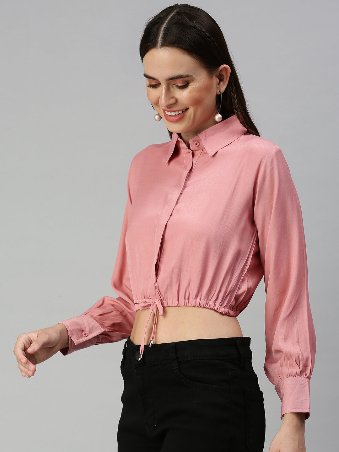 Women's Pink Solid Shirt Style Crop Top
