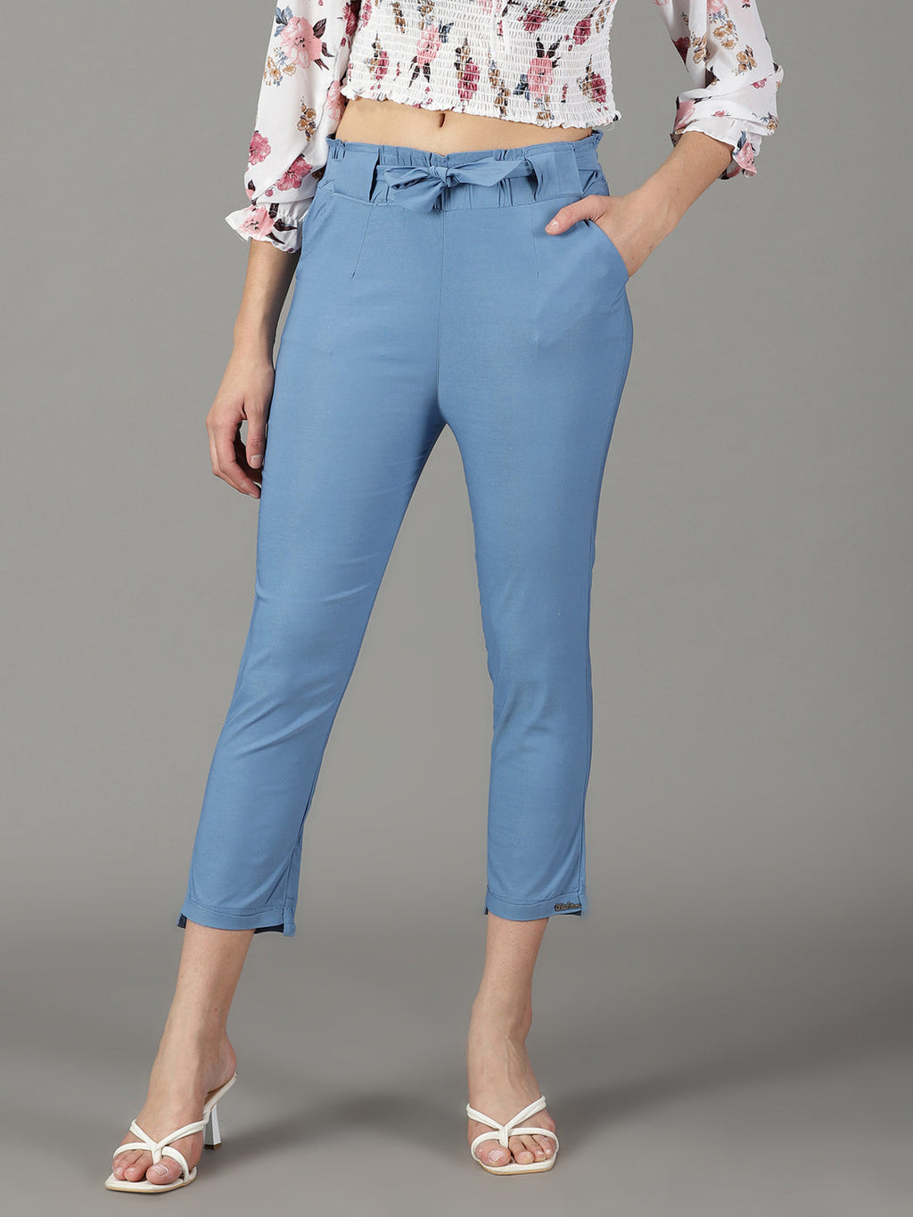 Women's Blue Relaxed Slim Fit High-Rise Trousers