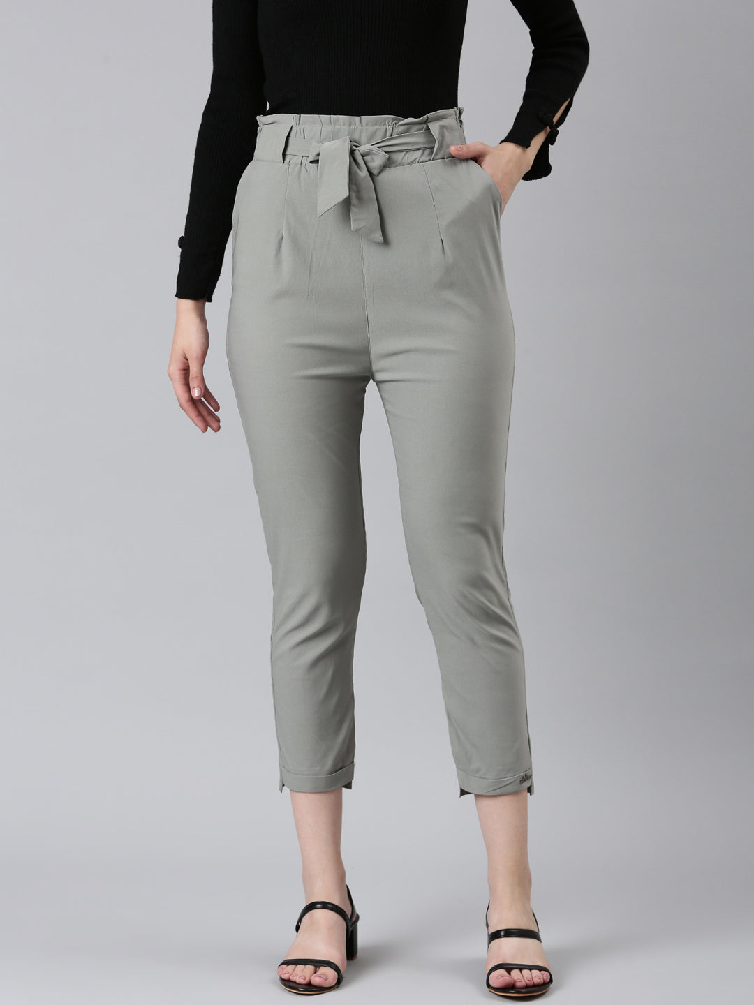Women's Grey High-Rise Pleated Cigarette Trousers